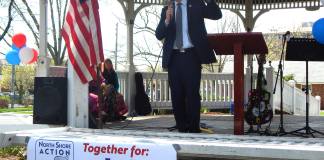 U.S. Rep. Tom Suozzi (D-Glen Cove) speaks at the North Shore Action rally on Great Neck on Sunday, April 23, 2017 at Firefighters Park. (Photo by Kristy O'Connell)