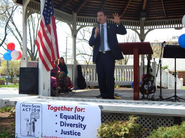 U.S. Rep. Tom Suozzi (D-Glen Cove) speaks at the North Shore Action rally on Great Neck on Sunday, April 23, 2017 at Firefighters Park. (Photo by Kristy O'Connell)