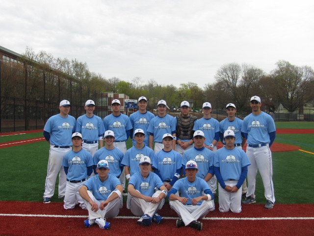 Head Coach Matt Holzer, assistant coach Phil Spotteck and the 2017 Port Washington varsity baseball team (Photo by Gregory Giaconelli)