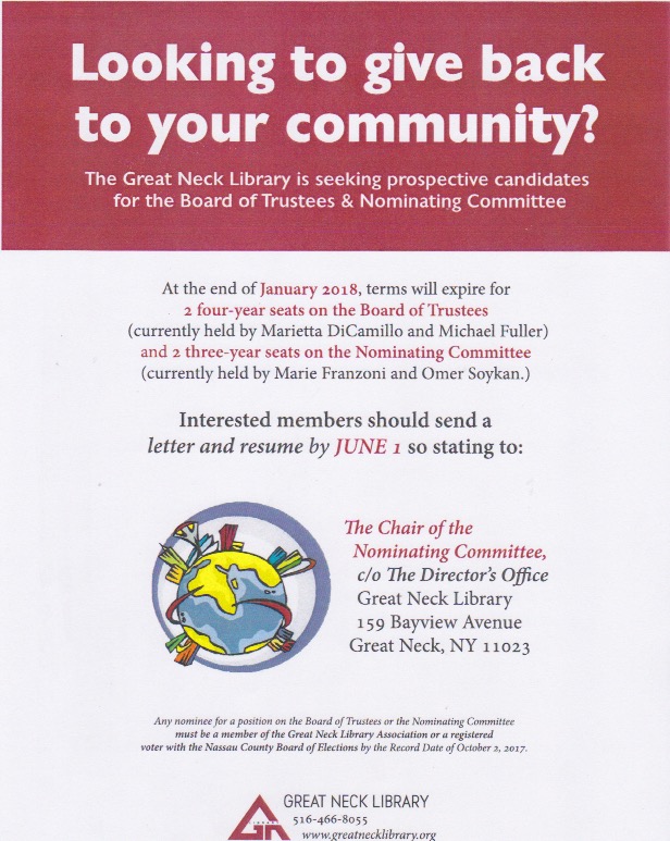 Great Neck Library seeks applicants for four seats Great Neck Library seeks applicants for four seats