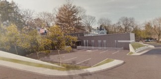 A rendering shows that the new village hall would be placed closer toward the commercial end of town, while the old village hall would remain atop the hill. (Photo courtesy of Narofsky Architecture)