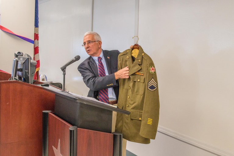 Veteran, retired principal and New Hyde Park resident speaks at annual Veteran’s Day Celebration at Barry Tech