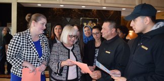 Meghan McPherson, assistant director for the Adelphi University Center for Health Innovation and North Hempstead Town Supervisor Judi Bosworth; Sabrina McCormack, Human Resources Coordinator for the Garden City Hotel and hotel employees Godofredo Cruz and Vincent Escobar. (Photo courtesy of the Town of North Hempstead)