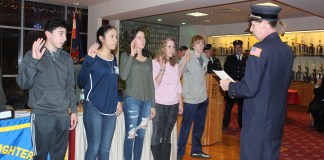 Financial Secretary Ethan Moezinia; Recording Secretary Niki Talledo; 2nd Lieutenant Maya Garfinkel; 1st Lieutenant Julia Motchkavitz; Captain Seth Newman. Alert Chief Steve Schwartz swore in the new officers. (Photo courtesy of Great Neck Alert Fire Company)