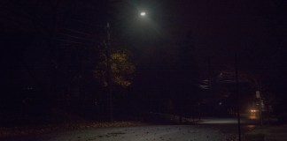 One of the hundreds of LED lights installed throughout the village shines down on a portion of Baker Hill Road, right near Village Hall. (Photo by Janelle Clausen)