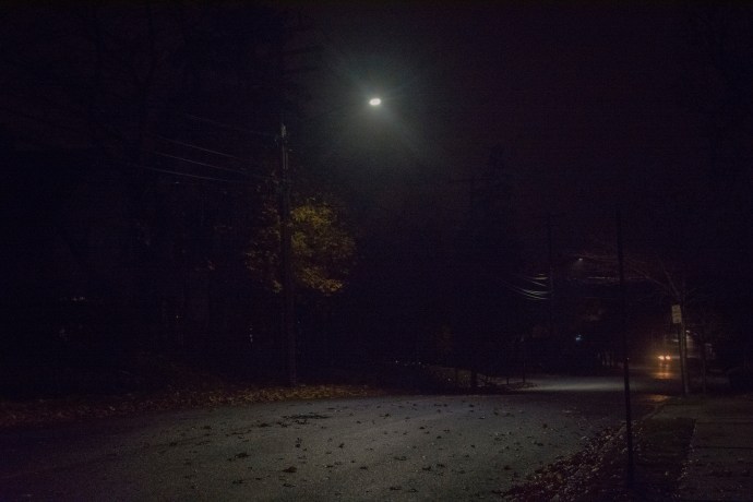 One of the hundreds of LED lights installed throughout the village shines down on a portion of Baker Hill Road, right near Village Hall. (Photo by Janelle Clausen)