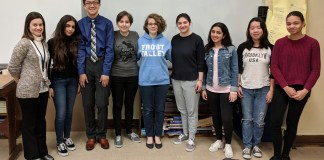 North High French teacher Ms. Asvestas congratulates several students who participated in the French Poetry Competition sponsored by the Nassau County Chapter of the American Association of Teachers of French: Adena Etaat, Christopher Lu, Rebecca Hirschhorn, Molly Racsko, Daisy Korman, Daniella Nakash, Chloe Chu, and Nina Phillips. (Photo courtesy of the Great Neck Public Schools)