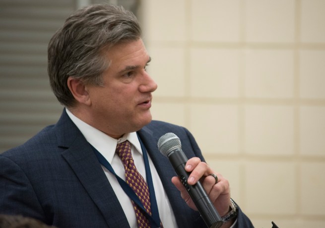 Stephen Lando, the assistant superintendent for secondary education, made a case to the board to retain its optional attendance zone on Wednesday night. (Photo by Janelle Clausen)