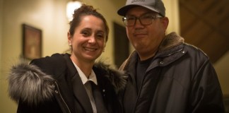 Tina Stellato and her husband Rob Villegas stayed at Great Neck House past midnight to hear the final results and shake hands with supporters. Stellato won 700 - 490. (Photo by Janelle Clausen)