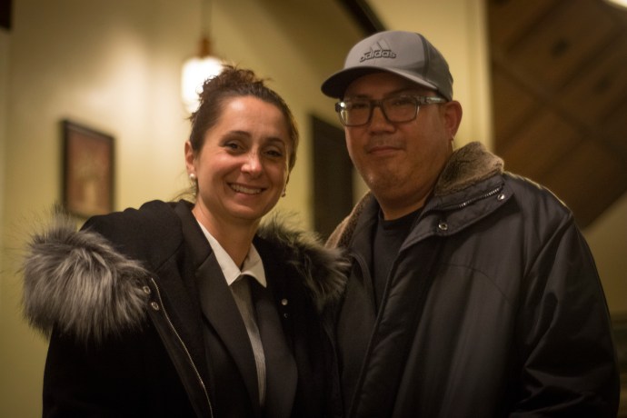 Tina Stellato and her husband Rob Villegas stayed at Great Neck House past midnight to hear the final results and shake hands with supporters. Stellato won 700 - 490. (Photo by Janelle Clausen)
