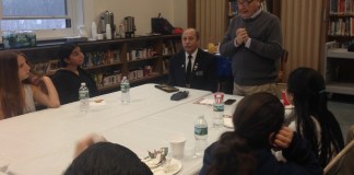 Richard S. Sherman Great Neck North Middle School students listen to wartime stories told by Commander of the Albertson VFW Post 5253 Jack Hirsch and Assemblyman Anthony D’Urso. (Photo courtesy of Assemblyman Anthony D'Urso's office)