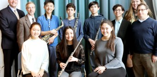 Great Neck South High School musicians Soyoung Park, Christiana Claus, Susan Fendt, Andersen Gu, Eli Goldberger, Samuel Levine, and Benjamin T. Rossen are congratulated by Principal Dr. Christopher Gitz, English Department Chair Dr. David Manuel, Vocal Music Instructor Dr. Jeanine Robinson, and Music Department Chair Michael Schwartz. (Photo courtesy of Great Neck Public Schools)