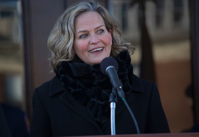 Laura Curran (D-Baldwin) was sworn into her new position as county executive on Monday, as she promised to fight against the culture of corruption and improve the fiscal health of Nassau County. (Photo by Janelle Clausen)