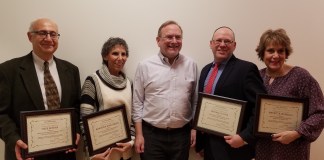 The Great Neck Library Board of Trustees held its annual Reorganization meeting on Jan. 30. Outgoing members were presented with certificates of recognition, including Omer Soykan, Marianna Wohlgemuth, Robert Schaufeld, Michael Fuller, and Marietta DiCamillo. (Photo courtesy of the Great Neck Library)