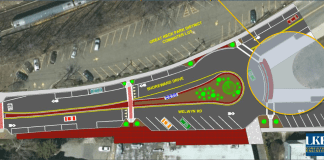 One of the two plans presented by LKB Engineers back in 2016, the village's consultant on the TEP project, shows the addition of Post Office Plaza, sharrow bike lanes, a raised median and other features. (Photo from LKB Consulting Engineers presentation)