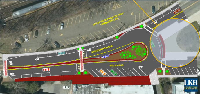 One of the two plans presented by LKB Engineers back in 2016, the village's consultant on the TEP project, shows the addition of Post Office Plaza, sharrow bike lanes, a raised median and other features. (Photo from LKB Consulting Engineers presentation)