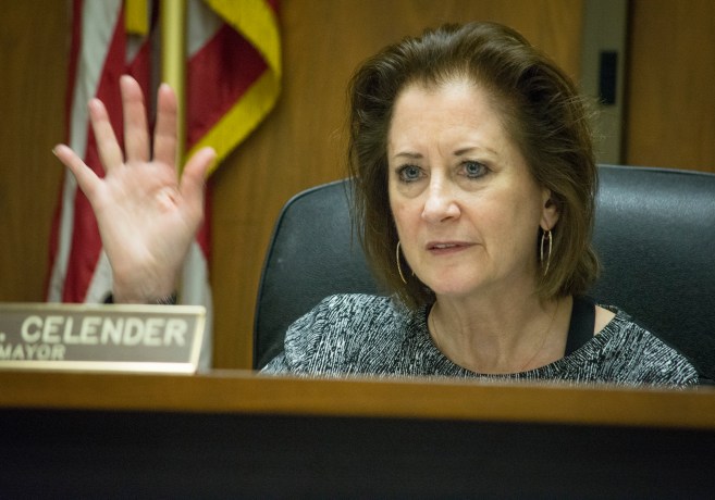 Great Neck Plaza Mayor Jean Celender, along with other members of the Board of Trustees, votes "aye" on allowing the Bond Street project to proceed. (Photo by Janelle Clausen)