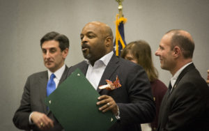 Rev. Monte Malik Chandler joked that while giving a Baptist minister a minute to speak is like "giving a whale a tic tac for lunch," he said he would be brief and said he felt blessed. (Photo by Janelle Clausen)