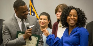 Councilwoman Viviana Russell, who represents Old Westbury and other parts of North Hempstead, shares a laugh with an honoree. (Photo by Janelle Clausen)