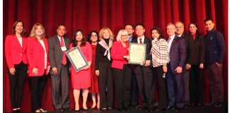 Nassau County Legislator Ellen Birnbaum, Great Neck Public School Superintendent Teresa Prendergast, Great Neck Public School Asst. Superintendent John Powell, Great Neck Chinese Association President Ke Connie Wei, Great Neck Public School Board of Education Trustee Rebecca Sassouni, New York State Senator Elaine Phillips, Town Supervisor Judi Bosworth, Great Neck Public School Board of Education Trustee Jeff Shi, Great Neck Chinese Association Secretary Wen Wu, Council Member Anna Kaplan, Great Neck Park District Commissioner Frank Cilluffo, Great Neck Park District Commissioner Robert A. Lincoln Jr., Great Neck Park District Commissioner Tina Stellato, and Great Neck Park District Commissioner Jason Marra at the Great Neck Chinese Association’s Lunar New Year celebration. (Photo courtesy of the Town of North Hempstead)