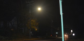 An LED light shines down on Baker Hill Road. (Photo by Janelle Clausen)