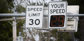 11 villages throughout the North Shore will be getting speed radar signs, like this one seen on Roslyn Road, in hopes of getting people to slow down. (Photo by Janelle Clausen)