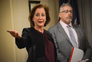 Great Neck Plaza Mayor Jean Celender implores the Village of Great Neck Estates Board of Trustees to move the Playhouse project forward. (Photo by Janelle Clausen)