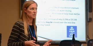 Lisa Rutkoske explains the revenue sources for the Herricks school budget proposal. (Photo by Janelle Clausen)