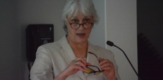 Patti Wood, the head of the Port Washington-based Grassroots Environmental Education group, shows a pair of specially-tinted glasses meant to protect people's eyes from blue light. (Photo by Janelle Clausen)