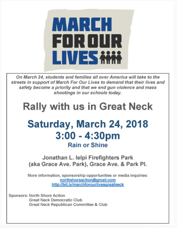 A flyer for the scheduled March for Our Lives rally in Great Neck on March 24. (Photo courtesy of North Shore Action)