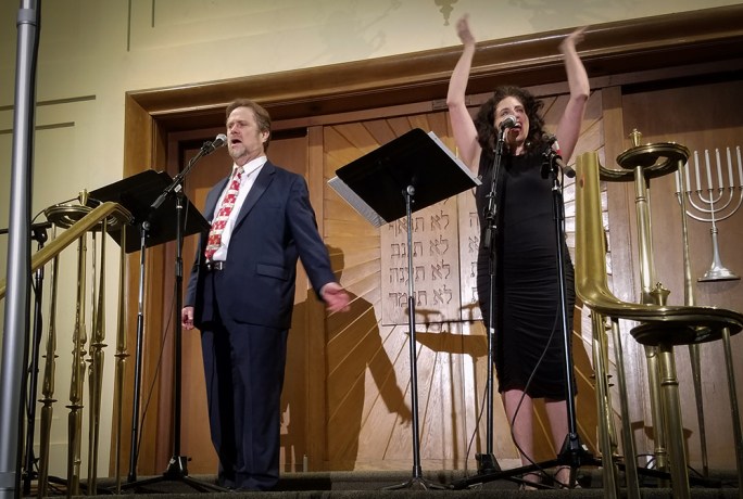 Cantors Raphael Frieder of Temple Israel and Elizabeth Shammash of Temple Tiferet Bet Israel in Blue Bell, Pennsylvania, hit a high note during an Israeli Independence Day celebration. (Photo by Janelle Clausen)