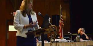 Great Neck Superintendent of Schools Teresa Prendergast discusses the new proposed budget at a school board meeting. (Photo by Janelle Clausen)