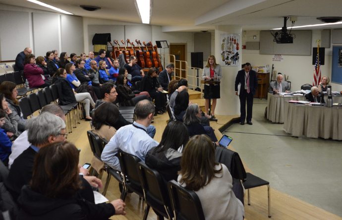 Superintendent of Schools Teresa Prendergast, along with Assistant Superintendent for Business John Powell, discuss the adopted 2018-19 budget with residents and administrators. (Photo by Janelle Clausen)