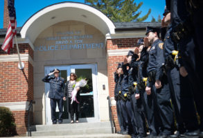 Outgoing Great Neck Estates Police Chief John Garbedian stands at attention with officers from the Great Neck Estates Police Department. Nearby are police and fire department volunteers from Nassau County, Garden City and other municipalities. (Photo by Janelle Clausen)