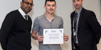 Diego Garcia Guzman of Great Neck is congratulated on being named Student of the Quarter byNassau BOCES Barry Tech Assistant Principals Shaun Sudama and Patrick Dunphy. (Photo courtesy of Nassau BOCES)