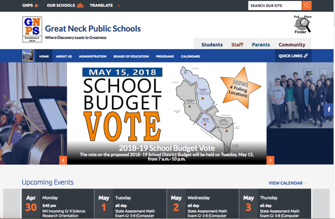 The Great Neck school district website, as seen at 10:52 a.m., underwent a major makeover for its 20th anniversary. (Screenshot by Janelle Clausen)