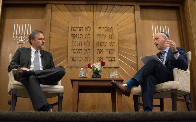 Bret Stephens and Jonathan Greenblatt discussed Antisemitism, the Middle East and the state of the nation at Temple Israel on Sunday night. (Photo by Janelle Clausen)