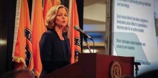 County Executive Laura Curran during her State of the County speech in Garden City. (Photo by Janelle Clausen)