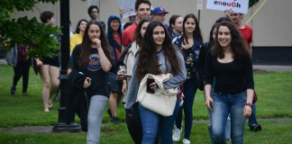 Great Neck North High School students, after working with administrators, walked out of class to rally for gun reform at the Village Green. (Photo by Janelle Clausen)