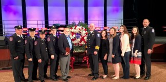 Company members and family members pictured with Mickey Groene, Doris’s husband are: Ex-Chief and Trustee Daniel Going, Chaplain Rabbi Marim Charry, Ex-Chief Edward Canfield, Chief of Department Joshua Charry, Mickey Groene, Port Washington Fire Department Ex-Chief Tom McDonough, Sr., Doris’s son, Donna Curci, Kelly McDonough, Erin McDonough, Katherine Geldert and Tom McDonough, Jr. (Photo courtesy of Vigilant Fire Company)