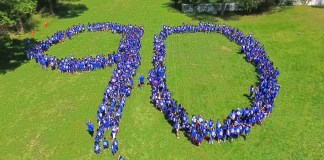 Lakeville students and staff, joined by officials, celebrated the schools 90th birthday. (Photo courtesy of the Great Neck Public Schools)