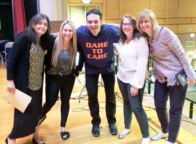 North Middle School sixth-grade social studies teachers Norine Nagle, Rachael Weissman, Tayla Plotke, and department chair Patti Crisafulli with special guest, Mr. Nicky. (Photo courtesy of Great Neck Public Schools)