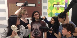 Cast members of "CLUE: The Musical" in rehearsal. include Joy Chang, Phoebe Gordon, Julian Malater, Sara Rafaeil, Sara Chistaz, Jack Brenner. (Photo by Graham Slate-Gray)