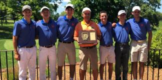 Manhasset team Armen Haratunian, Adam Xiao, Alex Kassabian, Chris Thompson, Kendrick Tak and Luke Bakshandeh pose with Coach Collyer, who is holding a plaque commending Manhasset's victory. (Photo courtesy of Jim Amen)