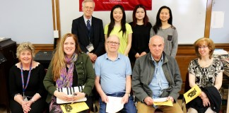 Standing, from left: Tri¬-M Advisor Joseph Rutkowski with Chapter 2605 Co-presidents Keva Li, Elana Xu, and Isabel Yang. Seated, from left: Honorary Lifetime Membership recipients Amy Kempton and Dr. Janine Robinson, Great Neck Public Schools music educators; Neil Saggerson, retired performing and fine arts department head; Bernard Kaplan, retired principal of North High; and Karen Lee, parent booster. (Photo courtesy of Great Neck Public Schools)