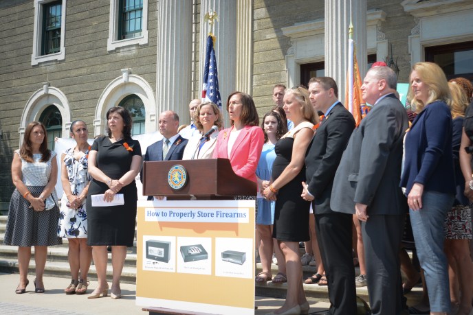 Legislator Ellen Birnbaum, a Democrat from Great Neck, implored legislators to support a gun safety storage law. (Photo by Janelle Clausen)