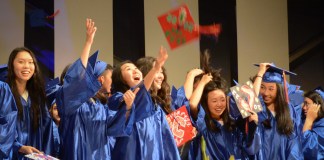 Great Neck South graduates throw their decorated caps into the air, celebrating a new chapter of their lives. (Photo by Janelle Clausen)