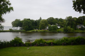 The stone terrace of the mansion offers a waterfront view. (Photo by Janelle Clausen)