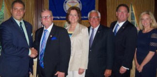 Oyster Bay Town Supervisor Joseph Saladino and Hempstead Town Supervisor Laura Gillen administered the oath of office to Mayor Celender and the NCVOA officers for 2018-2019, including President Ralph Ekstrand, mayor of the Village of Farmingdale, Mayor Celender, 2nd Vice President Edward Lieberman, mayor of the Village of Sea Cliff, and Treasurer Daniel Serota, mayor of the Village of Brookville. (Photo courtesy of NCVOA)