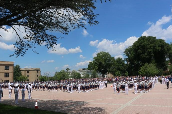 Plebe candidates of the Class of 2022 stood in formation at the U.S. Merchant Marine Academy for the first time and reported to the Indoctrination Regimental Staff, led by Regimental Commander Midshipman First Class Alexis Ibach. (Photo courtesy of the U.S. Merchant Marine Academy)